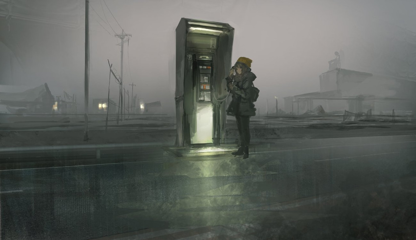 1girl beanie cable corded_phone female fog hat house jacket lm7_(op-center) long_sleeves original outdoors pants phone phone_booth power_lines road shoes sky solo talking_on_phone