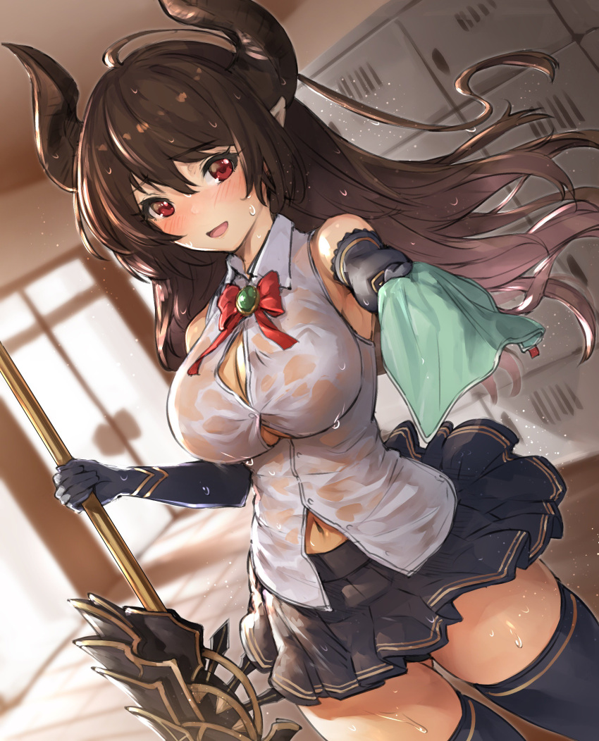 1girl absurdres black_legwear blush breasts brown_hair bursting_breasts cleavage doraf elbow_gloves forte_(shingeki_no_bahamut) giving gloves granblue_fantasy handkerchief highres horns lance large_breasts long_hair looking_at_viewer navel neo-masterpeacer offering open_mouth outstretched_arm polearm red_eyes shingeki_no_bahamut skirt smile solo standing thigh-highs towel weapon wet wet_clothes