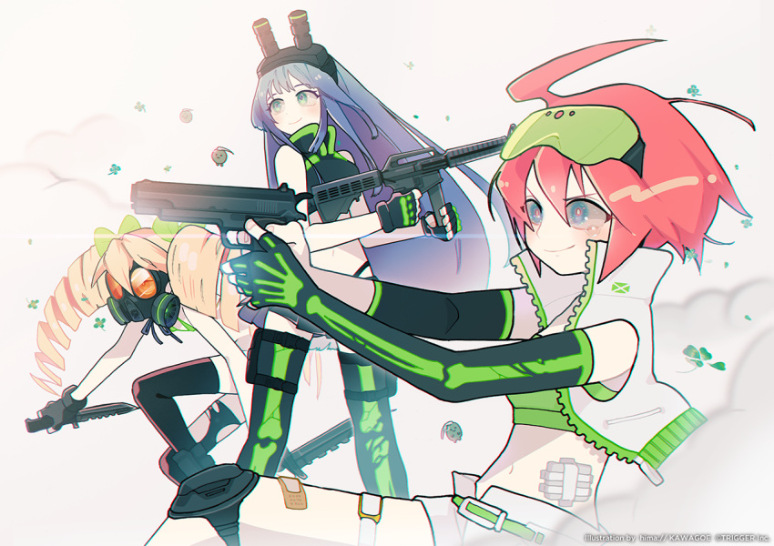 3girls ahoge assault_rifle bandaid bikini_top blonde_hair blue_hair clover drill_hair ekimae frag gas_mask gun head_mounted_display holding holding_weapon long_hair luluco m16 multiple_girls muzzle_(trigger) official_art redhead rifle shooting_glasses short_shorts shorts spring_(trigger) tears thigh-highs torn_clothes torn_thighhighs trigger-chan trigger_(company) twin_drills unzipped weapon