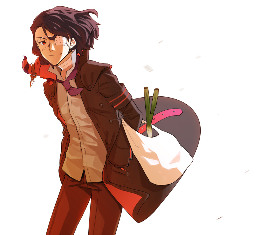 1boy asselin_bb_ii bag bandage coat eyepatch hands_in_pockets idolmaster idolmaster_side-m male_focus open_clothes open_coat plastic_bag red_eyes satan_(idolmaster) shopping_bag solo spring_onion stuffed_toy tsurusaki_yuu wavy_hair