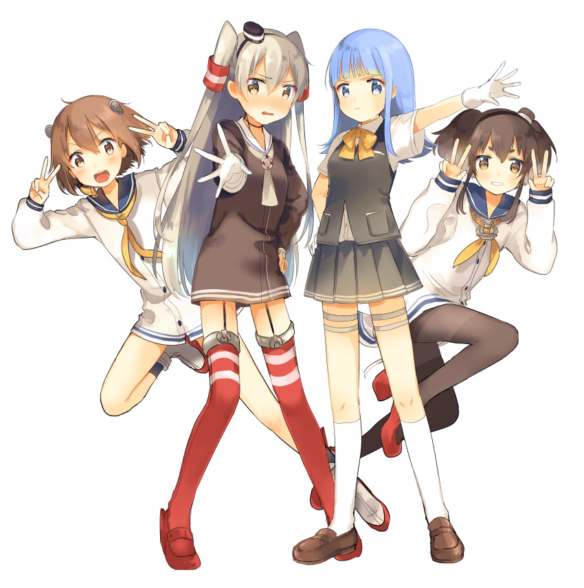 4girls absurdres amatsukaze_(kantai_collection) anchor black_hair black_legwear blouse blue_eyes blue_hair blush brown_dress brown_eyes brown_hair brown_shoes buttons chains choker double_v dress garter_straps gloves gradient_hair hair_tubes hairband hand_on_hip hat hatsukaze_(kantai_collection) headgear high_heels highres kantai_collection kneehighs lifebuoy loafers long_hair long_sleeves looking_at_viewer multicolored_hair multiple_girls neckerchief open_mouth outstretched_arm pantyhose pose red_legwear red_shoes ribbon rudder_shoes sailor_collar sailor_dress school_uniform serafuku shoes short_dress short_hair short_hair_with_long_locks short_sleeves silver_hair single_glove skirt smile striped striped_legwear teeth thigh-highs thighband_pantyhose tokitsukaze_(kantai_collection) two_side_up v vest white_blouse white_gloves white_legwear windsock yukikaze_(kantai_collection) zuho_(vega)