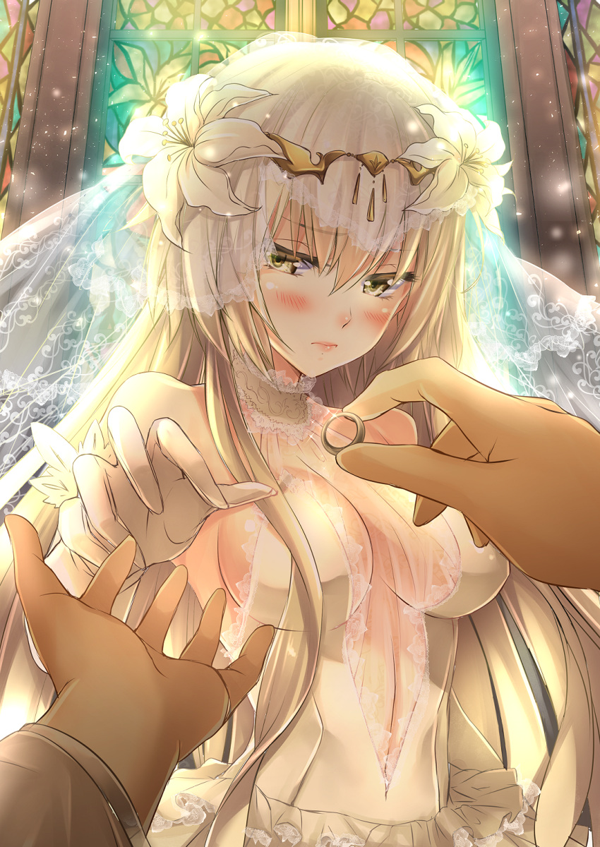 1girl alternate_costume backlighting bangs bare_shoulders blonde_hair blush breasts bridal_veil bride church church_interior circlet closed_mouth dress embarrassed eyebrows eyebrows_visible_through_hair fate/grand_order fate_(series) flower formal frills glint gloves hair_between_eyes hair_flower hair_ornament halterneck highres holding jeanne_alter jewelry lace large_breasts lens_flare light_particles lily_(flower) long_hair looking_at_viewer mia_(gute-nacht-07) out_of_frame outstretched_arm pout pov pov_hands ring ruler_(fate/apocrypha) ruler_(fate/grand_order) see-through sideboob solo_focus stained_glass upper_body veil wedding wedding_band wedding_dress white_dress white_flower yellow_eyes