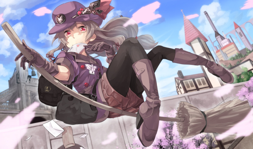 1girl boots cherry_blossom female flying gloves grey_hair hat highres long_hair original pantyhose red_eyes ribbon saraki shorts skirt sky solo twintails