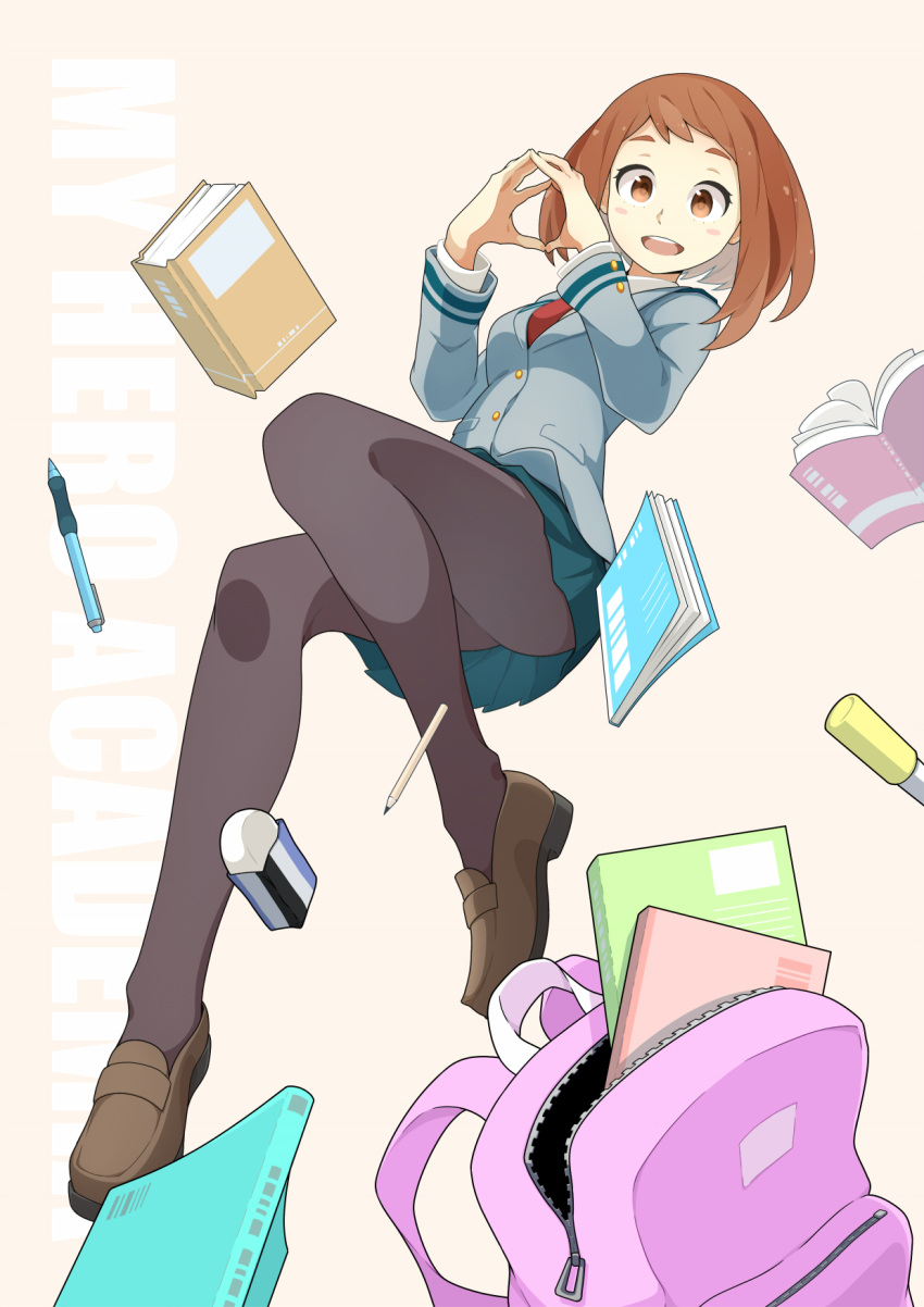 1girl ass bag black_legwear blush blush_stickers bob_cut boku_no_hero_academia book brown_eyes brown_hair brown_shoes buttons copyright_name eraser fingers_together green_skirt highres kent loafers long_sleeves looking_at_viewer midair necktie notepad open_mouth pantyhose pencil pleated_skirt red_necktie school_bag school_uniform shoes short_hair sidelocks simple_background skirt smile solo uraraka_ochako