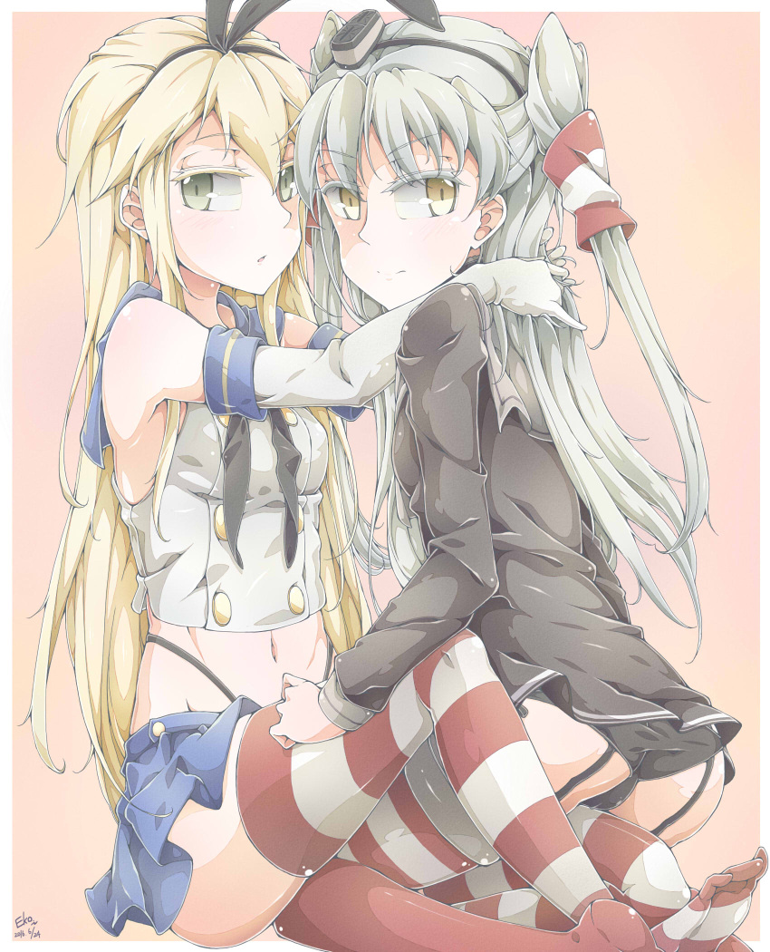 2girls amatsukaze_(kantai_collection) arms_around_neck artist_name black_panties blonde_hair bow crop_top dated dress elbow_gloves eyebrows eyebrows_visible_through_hair falco_arrow gloves green_eyes grey_hair hair_bow hair_tubes headgear highleg highleg_panties highres hug kantai_collection kneeling light_smile long_hair long_sleeves looking_at_viewer midriff multiple_girls navel panties pantyshot pantyshot_(kneeling) parted_lips peach_background red_legwear sailor_collar sailor_dress shimakaze_(kantai_collection) shoes_removed sitting skirt sleeveless straddling striped striped_legwear thigh-highs two_side_up underwear upright_straddle white_border yellow_eyes
