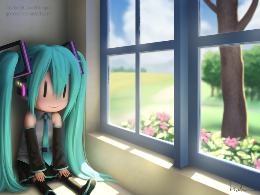 =) blue_sky boots character_doll clouds detached_sleeves flower gohpot grass hatsune_miku headset highres necktie no_humans pleated_skirt realistic signature skirt sky still_life sunlight thigh-highs thigh_boots tree twintails vocaloid watermark web_address window