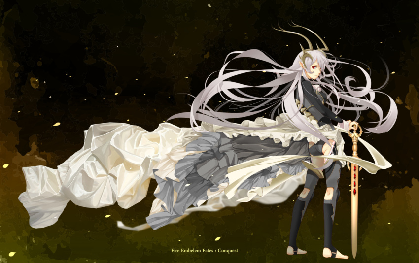 1girl barefoot copyright_name dragon_horns dress engrish female_my_unit_(fire_emblem_if) fire_emblem fire_emblem_if frilled_dress frills full_body hairband horns kero_sweet long_hair my_unit_(fire_emblem_if) petals pointy_ears ranguage red_eyes silver_hair solo sword toeless_legwear very_long_hair weapon wind