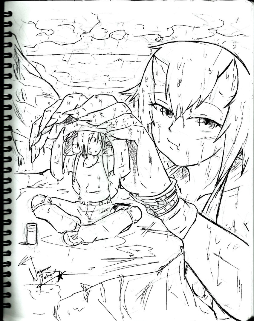 1boy 1girl claws giantess gigantes_(monster_musume) highres horns monochrome monster_girl monster_musume_no_iru_nichijou nayaase_beleguii pout rain signature sitting size_difference sketch traditional_media wet wrist_cuffs