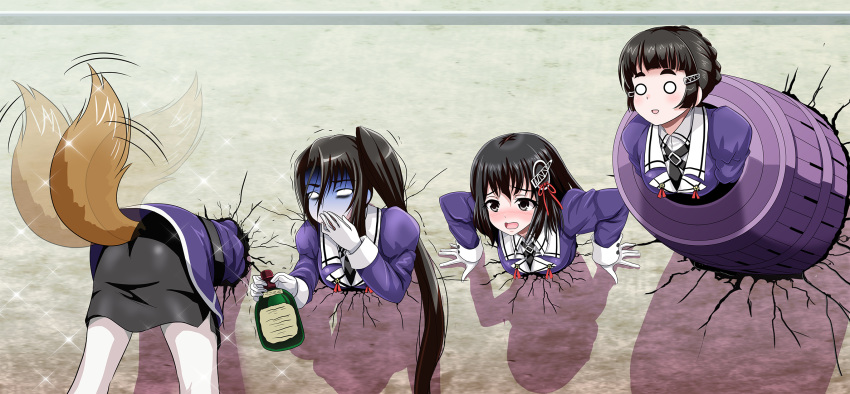 4girls absurdly_long_hair ashigara_(kantai_collection) ass bangs black_eyes black_hair blank_eyes blunt_bangs blush bottle breasts buckle buttons covering_mouth crack crevice dog_tail empty_eyes eyebrows gloves haguro_(kantai_collection) hair_bun hair_ornament highres holding_bottle jacket juliet_sleeves kabe_ni_hamatte_ugokenai! kantai_collection kemonomimi_mode long_hair long_sleeves multiple_girls myoukou_(kantai_collection) nachi_(kantai_collection) o_o open_mouth out_of_frame pantyhose parody pop-up_pirate puffy_sleeves purple_jacket remodel_(kantai_collection) restrained sexually_suggestive shaking short_hair side_ponytail skirt solid_circle_eyes sparkle stationary_restraints stuck tail tail_wagging thick_eyebrows through_wall tk8d32 trembling turn_pale uniform very_long_hair wall white_gloves wolf_tail