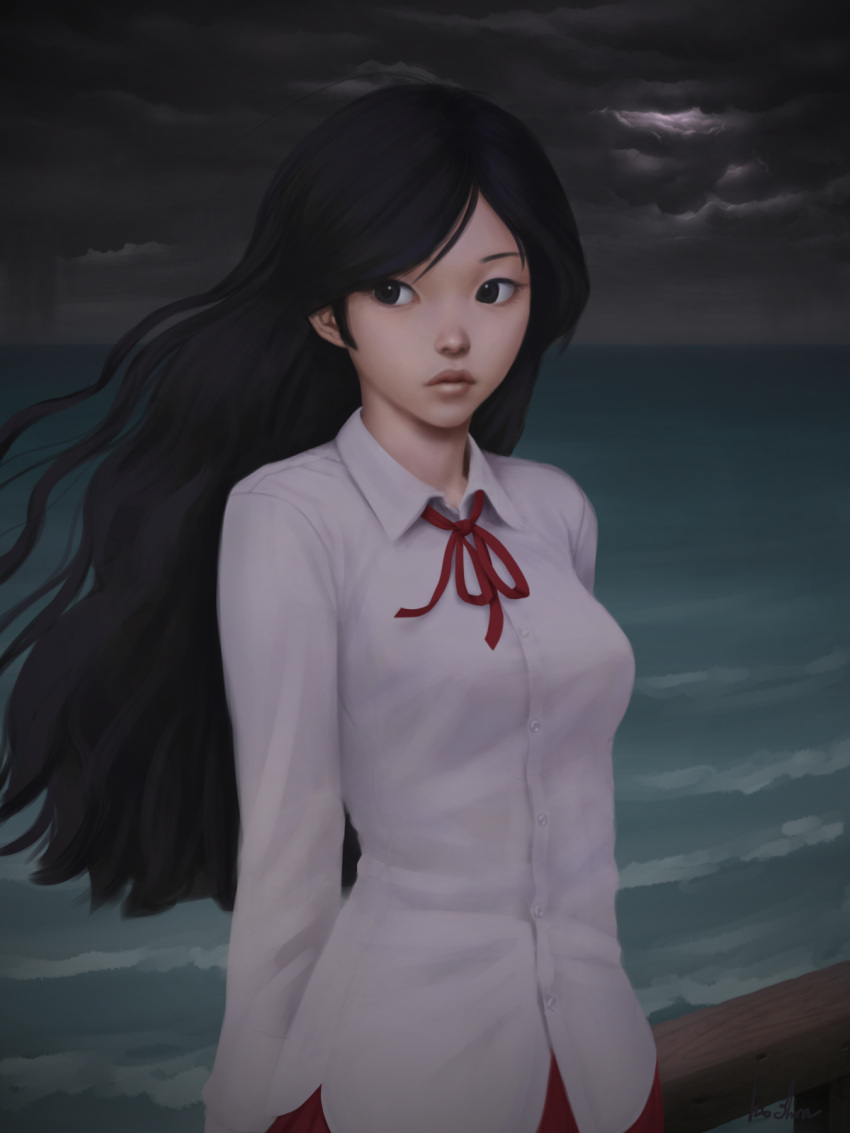 1girl arms_behind_back asian black_eyes black_hair clouds cloudy_sky gohpot highres long_hair long_sleeves ocean original pleated_skirt railing realistic signature skirt sky solo upper_body