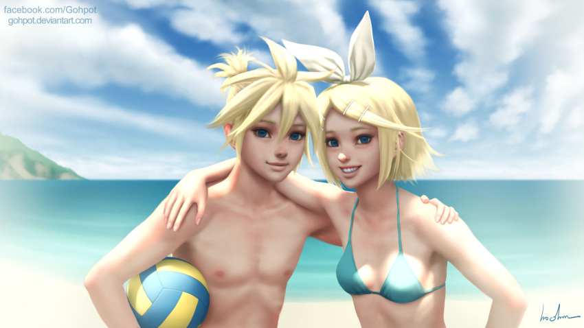 1boy 1girl arm_around_neck arm_around_waist bikini blonde_hair blue_sky brother_and_sister clouds gohpot grin hair_bow hair_ornament hairclip hand_on_another's_shoulder highres kagamine_len kagamine_rin ocean ponytail ribbon shirtless siblings signature sky smile sunlight swimsuit swimsuit_under_clothes twins vocaloid volleyball watermark web_address