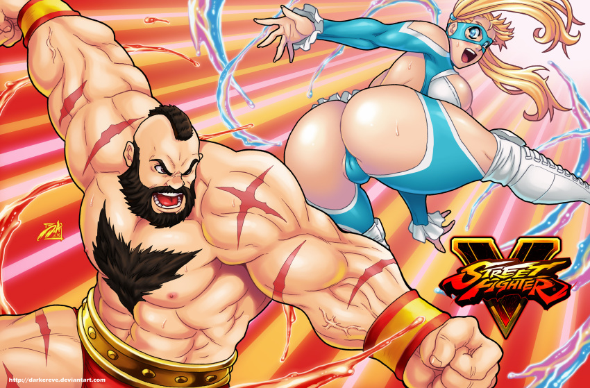 1boy 1girl abs ass battle beard blonde_hair breasts capcom chest_hair cleavage darwin_nunez domino_mask facial_hair highres hip_attack large_breasts leotard mask mohawk muscle rainbow_mika scar street_fighter street_fighter_v veins wrestling_outfit wristband zangief