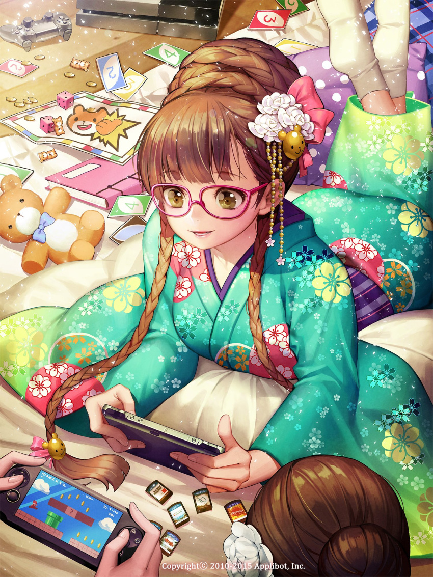 10s 1girl 2010 2015 brown_hair card coin company_name controller dice dualshock english floral_print furyou_michi_~gang_road~ game_console game_controller gamepad hair_up handheld_game_console highres japanese_clothes kimono legs_up long_hair lying nintendo number on_stomach parted_lips pillow playing_card playstation_4 playstation_portable playstation_vita socks solo_focus soo_kyung_oh stuffed_animal stuffed_toy super_mario_bros. teddy_bear twintails very_long_hair watermark white_legwear wooden_floor yellow_eyes