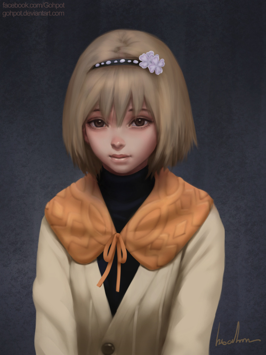 1girl artist_name bangs brown_eyes cardigan closed_mouth flower fueguchi_hinami gohpot hair_between_eyes hair_flower hair_ornament hairband highres light_brown_hair lips nose realistic signature solo tokyo_ghoul upper_body watermark web_address