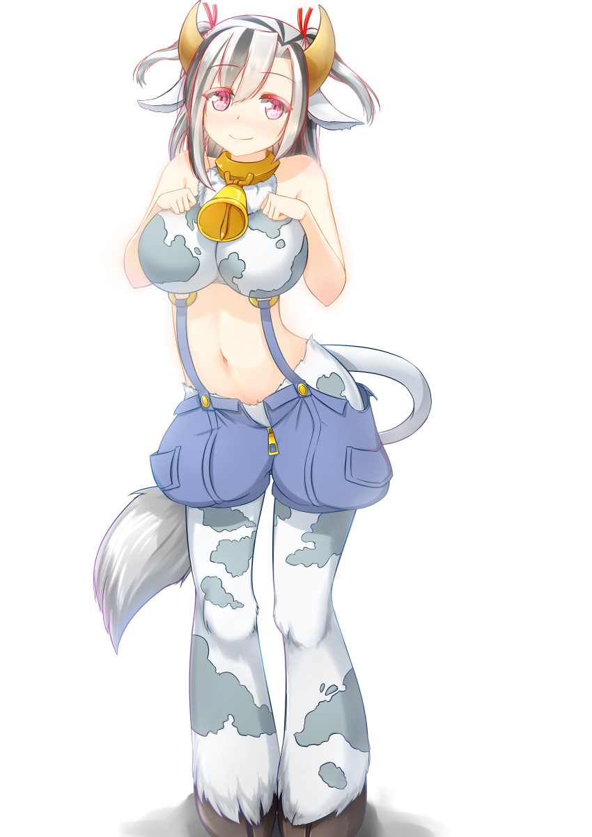 1girl animal_ears bare_shoulders bell bell_collar black_hair blush breasts collar cow_bell cow_ears cow_girl cow_horns cow_print cow_tail full_body hair_ribbon highres holstaurus hooves horns large_breasts looking_at_viewer monster_girl monster_girl_encyclopedia multicolored_hair navel pink_eyes ribbon short_hair silver_hair smile solo standing streaked_hair suspenders tail two_side_up vahn_yourdoom white_background