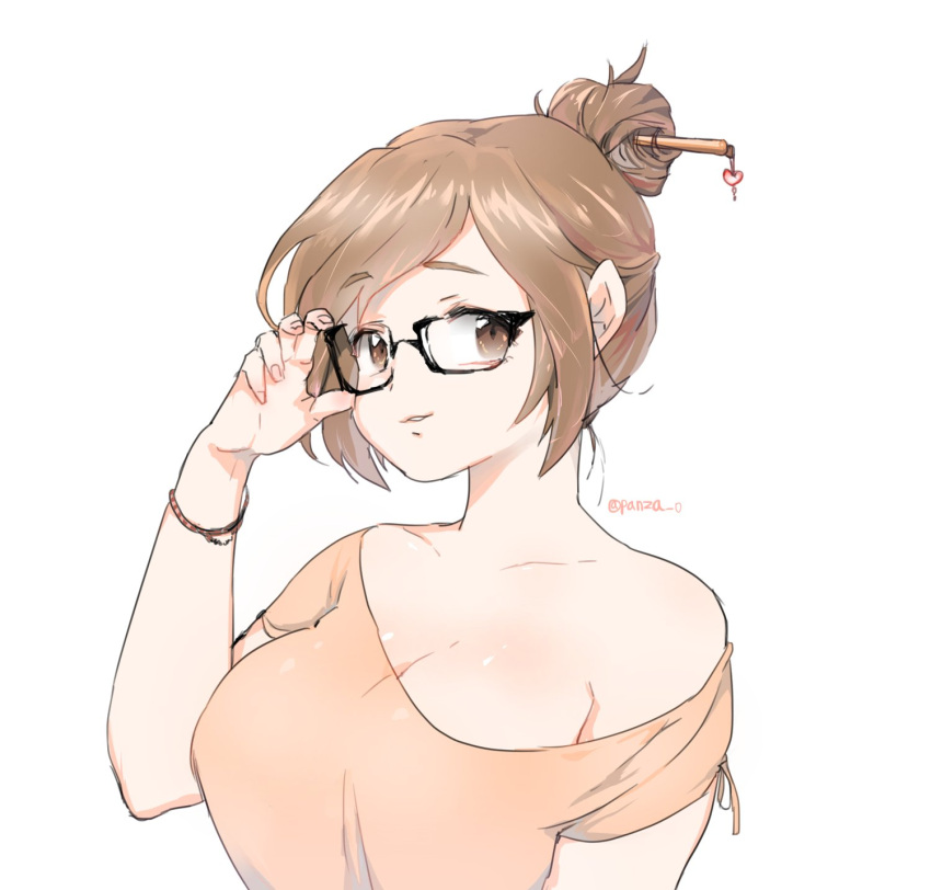 1girl adjusting_glasses bangs black-framed_eyewear black-framed_glasses bracelet breasts brown_eyes brown_hair brown_shirt eyebrows eyebrows_visible_through_hair glasses hair_bun hair_ornament hair_stick hairpin highres jewelry looking_at_viewer medium_breasts mei_(overwatch) overwatch panza parted_bangs shirt short_hair short_sleeves sidelocks simple_background solo twitter_username upper_body white_background