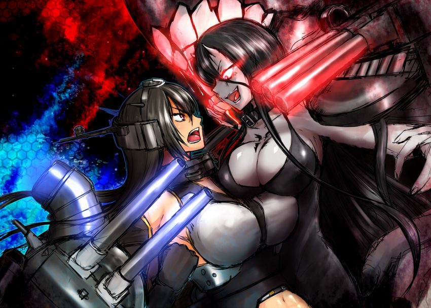 2girls :d asymmetrical_docking bare_shoulders battleship_hime black_hair breast_press breasts choker cleavage erect_nipples face-to-face fighting glowing glowing_eye headgear kantai_collection large_breasts long_hair multiple_girls nagato_(kantai_collection) nelo_anjuurou oni_horns open_mouth pale_skin red_eyes shinkaisei-kan smile turret upper_body
