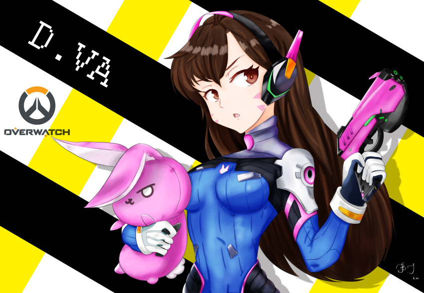 1girl absurdres armor artist_name bangs blush bodysuit breasts brown_eyes brown_hair bunny_print character_name copyright_name covered_navel d.va_(overwatch) dated derivative_work facial_mark gloves gun hand_up handgun headphones high_collar highres holding holding_gun holding_weapon hwansang long_hair open_mouth overwatch parted_bangs pauldrons pilot_suit rabbit reference_work signature solo stuffed_animal stuffed_bunny stuffed_toy turtleneck upper_body weapon whisker_markings white_gloves