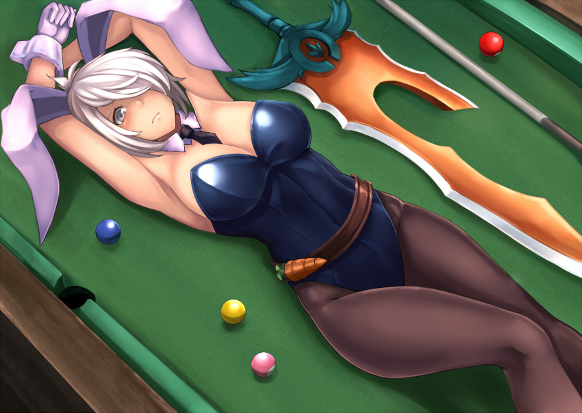 1girl absurdres alternate_eye_color animal_ears armpits arms_up battle_bunny_riven billiards black_legwear black_necktie breasts broken broken_sword broken_weapon bunny_girl bunnysuit choker cleavage covered_navel cue_stick folded_ponytail from_above grey_eyes hair_over_one_eye highres large_breasts league_of_legends leotard looking_at_viewer lying navel necktie on_back pantyhose pool_table rabbit_ears riven_(league_of_legends) silver_hair solo sword weapon yashichii