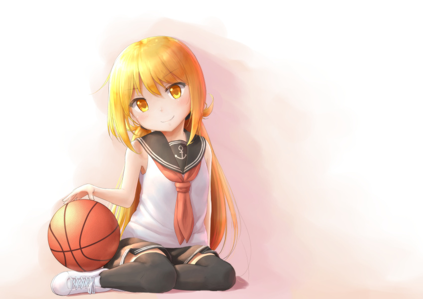 1girl adapted_costume akatsuki_(kantai_collection) akatsuki_(kantai_collection)_(cosplay) anchor_symbol bare_arms bare_shoulders basketball black_legwear blonde_hair cosplay highres kantai_collection long_hair looking_at_viewer low_twintails neckerchief satsuki_(kantai_collection) school_uniform serafuku shoes simple_background sitting skirt skirt_tug sleeveless smile sneakers solo thigh-highs twintails wamu_(chartreuse) yellow_eyes zettai_ryouiki
