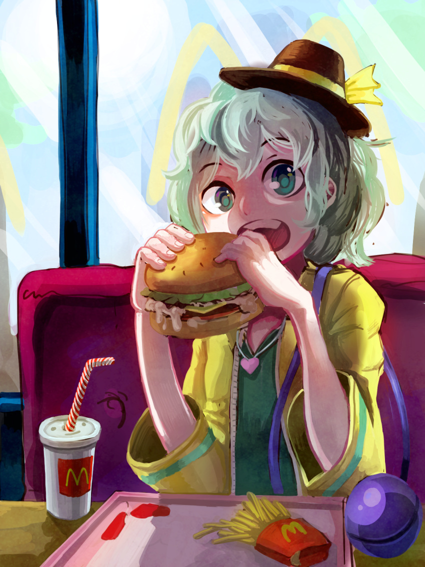 1girl adapted_costume alternate_costume chips drink drinking_straw eating eyeball food french_fries green_eyes green_hair hamburger hat hat_ribbon highres indoors jewelry komeiji_koishi long_sleeves looking_at_viewer mcdonald's necklace nicahd open_mouth ribbon shirt short_hair sitting solo string third_eye touhou tray upper_body wide_sleeves