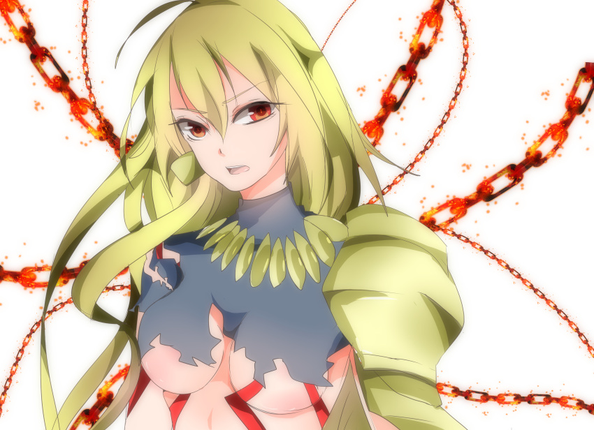 1girl artist_request blonde_hair breasts chains fate/stay_night fate_(series) genderswap genderswap_(mtf) gilgamesh highres long_hair looking_at_viewer red_eyes solo torn_clothes under_boob