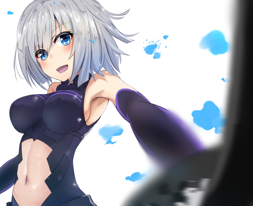 1girl :d alternate_costume armor armored_dress armpits bare_shoulders blue_eyes blurry blush breasts cosplay dress elbow_gloves fate/grand_order fate_(series) gloves hair_ornament hair_over_one_eye hairclip hamakaze_(kantai_collection) kantai_collection large_breasts look-alike looking_at_viewer navel open_mouth shield shielder_(fate/grand_order) shielder_(fate/grand_order)_(cosplay) shinta_(the-mattyaman) short_hair silver_hair sleeveless sleeveless_dress smile solo white_background