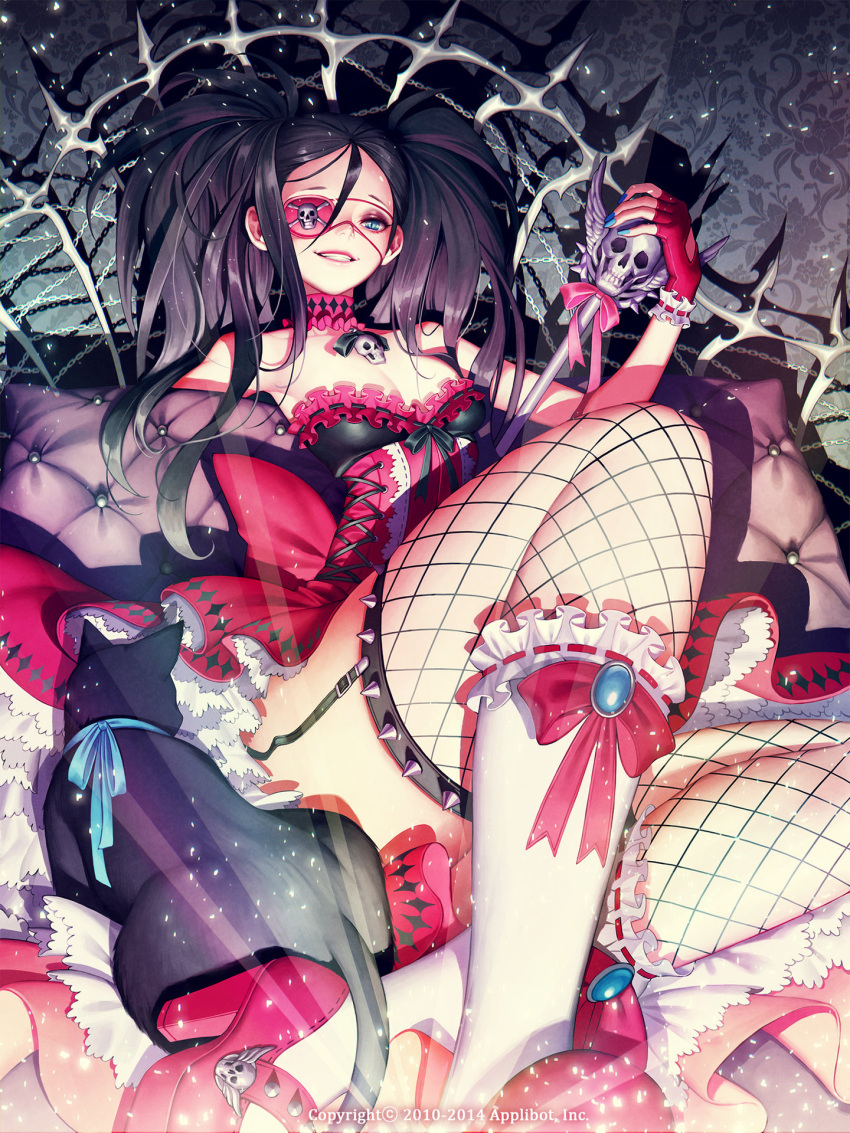 1girl blue_eyes breasts cane cat choker cleavage corset cross-laced_footwear eyepatch frilled_skirt frills furyou_michi_~gang_road~ gloves grin high_heels highres legs_crossed purple_hair sitting skirt skull small_breasts smile socks solo soo_kyung_oh thighs twintails watermark