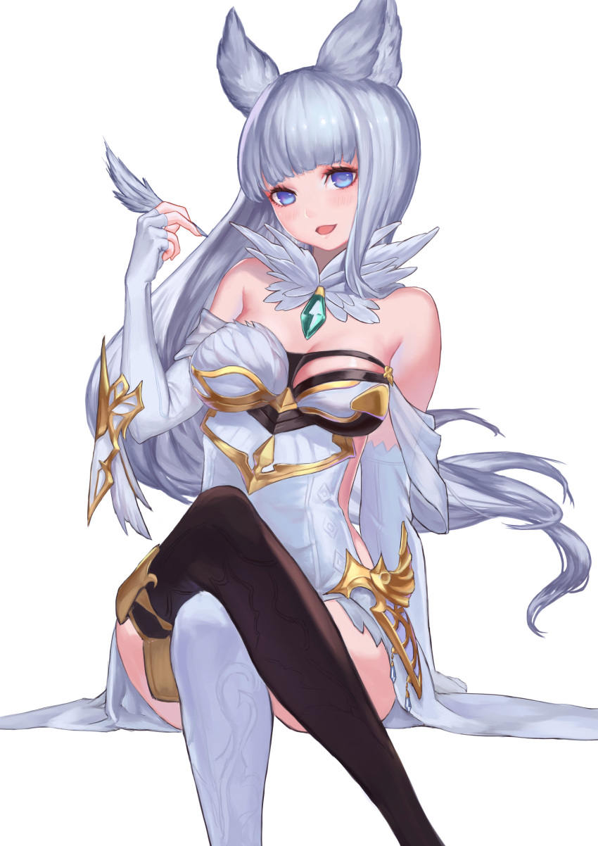 1girl absurdres animal_ears bare_shoulders black_legwear blue_eyes breasts cat_ears crossed_arms dress elbow_gloves erun_(granblue_fantasy) fingerless_gloves gloves granblue_fantasy hair_ornament highres korwa large_breasts long_hair looking_at_viewer open_mouth quill shou_xun_bu_liang silver_hair simple_background sitting smile solo thigh-highs white_background white_gloves white_legwear