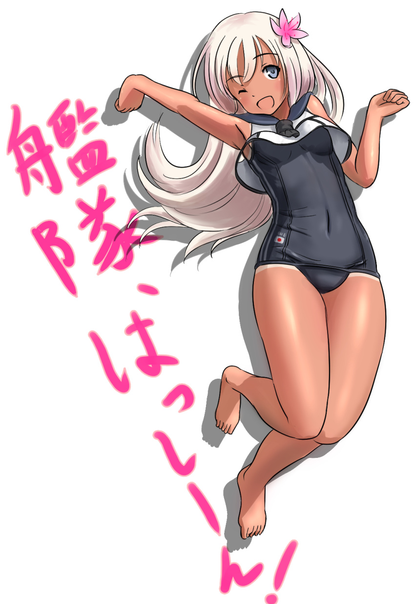 1girl ao_iro blonde_hair blue_eyes crop_top flower hair_flower hair_ornament highres kantai_collection one-piece_tan one_eye_closed ro-500_(kantai_collection) sailor_collar school_swimsuit swimsuit swimsuit_under_clothes tan tanline