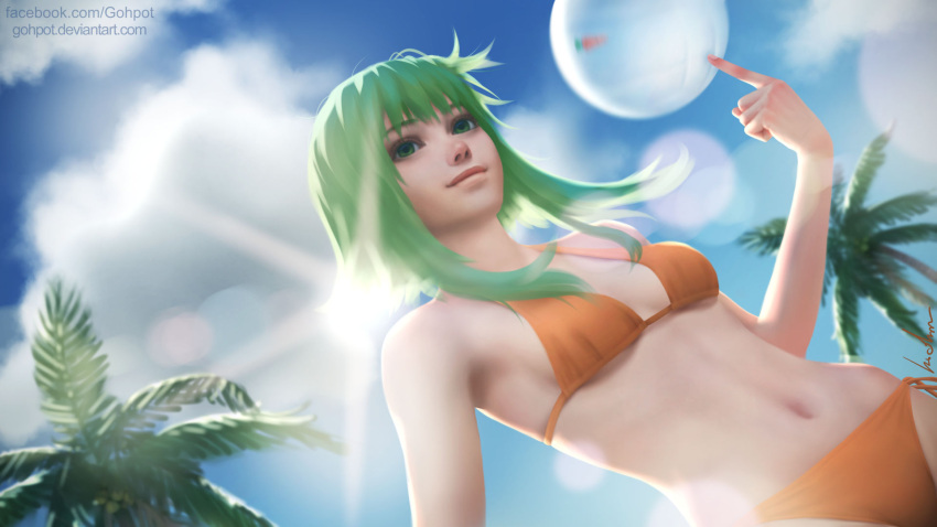 1girl balancing bikini blue_sky clouds dutch_angle from_below gohpot green_eyes green_hair gumi highres lens_flare navel palm_tree side-tie_bottom sky smile solo sun swimsuit tree vocaloid volleyball