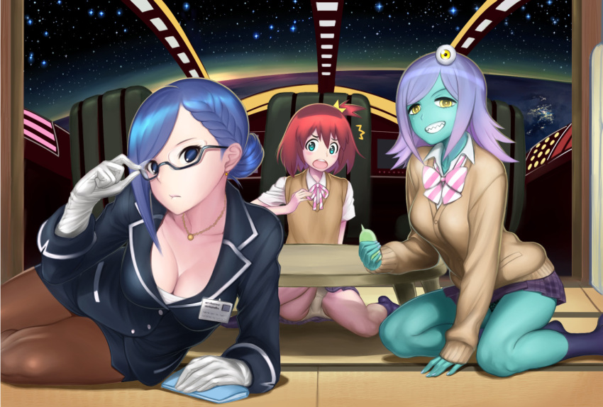 3girls blue_hair breasts brown_hair cleavage formal glasses green_skin hair_bun hair_ornament kogal kyodairobo luluco medium_breasts midori_(uchuu_patrol_luluco) multiple_girls one_side_up panties pantyhose pantyshot pantyshot_(sitting) school_uniform secretary_(uchuu_patrol_luluco) semi-rimless_glasses sharp_teeth short_hair sitting skirt_suit star star_hair_ornament suit table teeth uchuu_patrol_luluco under-rim_glasses underwear yellow_eyes