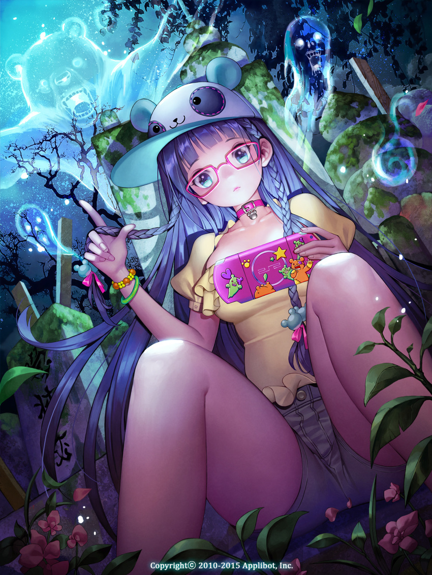 10s 1girl 2010 2015 :3 animal_hat baseball_cap bear blue_eyes braid closed_mouth collar company_name dutch_angle english flower frown furyou_michi_~gang_road~ ghost glasses grave handheld_game_console hat highres holding leaf long_hair night number open_mouth outstretched_arms playstation_portable puffy_short_sleeves puffy_sleeves purple_hair red-framed_glasses shirt short_sleeves shorts sitting soo_kyung_oh spirits tree twin_braids very_long_hair watermark yellow_shirt