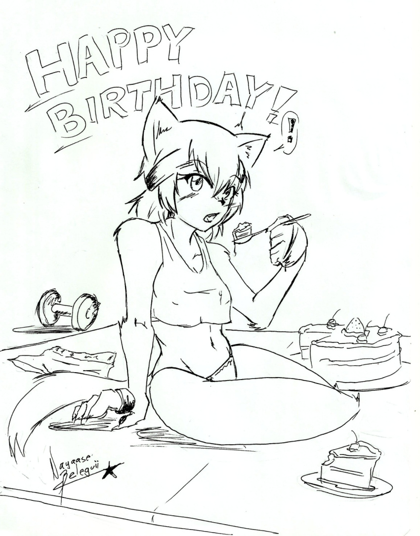 ! 1girl animal_ears birthday_cake cake claws dog_ears dog_tail dumbbell eating food fur furry greyscale happy_birthday headband highres kobold monochrome monster_girl monster_musume_no_iru_nichijou navel nayaase_beleguii open_mouth panties polt shadow shorts_removed signature sitting sketch solo speech_bubble spoken_exclamation_mark spoon tail tank_top traditional_media underwear underwear_only
