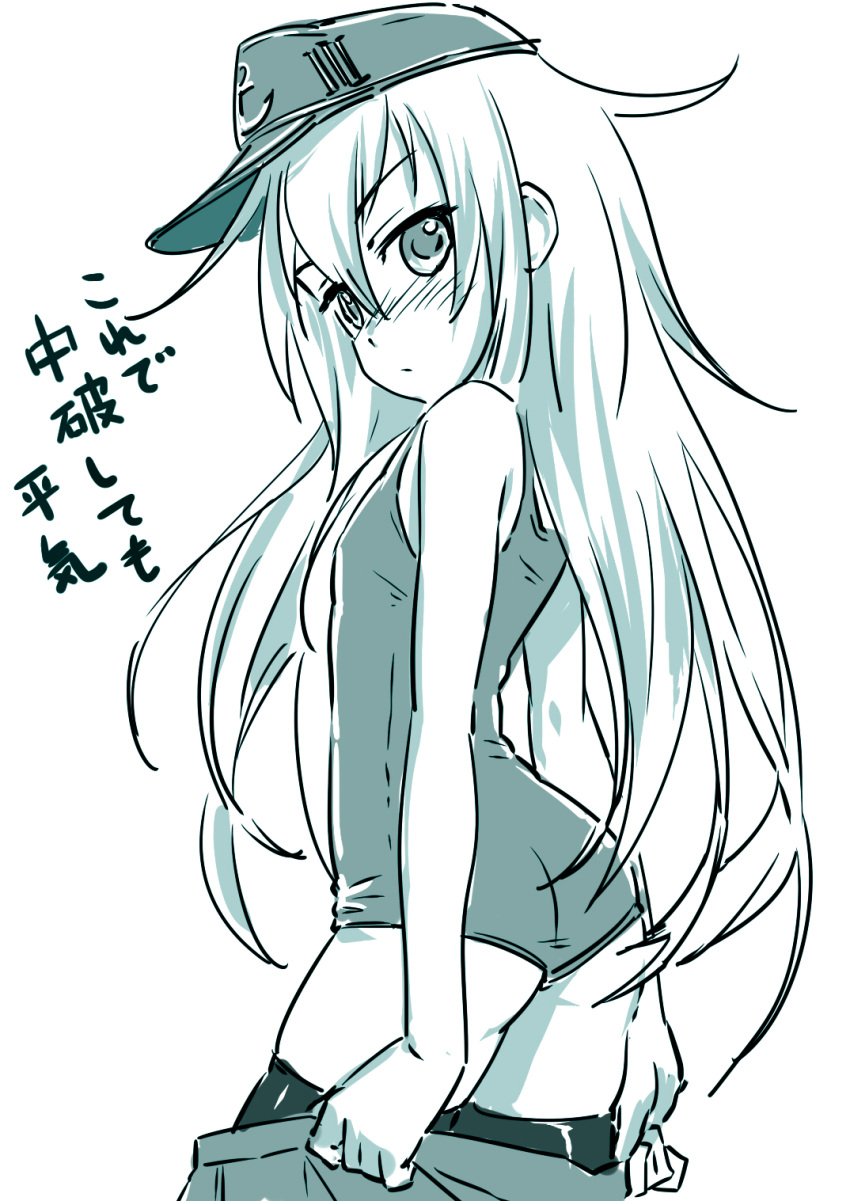 1girl ass bare_shoulders blush hat hibiki_(kantai_collection) highres kantai_collection long_hair looking_at_viewer monochrome mujuuryoku_kantai one-piece_swimsuit skirt skirt_pull solo swimsuit thigh-highs translation_request