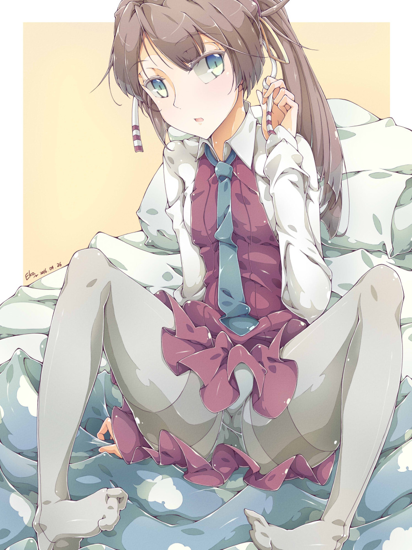1girl absurdres artist_name bed_sheet blue_eyes blue_necktie brown_hair dated eyebrows eyebrows_visible_through_hair falco_arrow grey_legwear hair_ribbon hair_twirling highres kantai_collection kazagumo_(kantai_collection) long_hair looking_at_viewer necktie open_mouth panties panties_under_pantyhose pantyhose pantyshot pantyshot_(sitting) ponytail ribbon school_uniform shoes_removed sitting solo spread_legs underwear white_border yellow_background