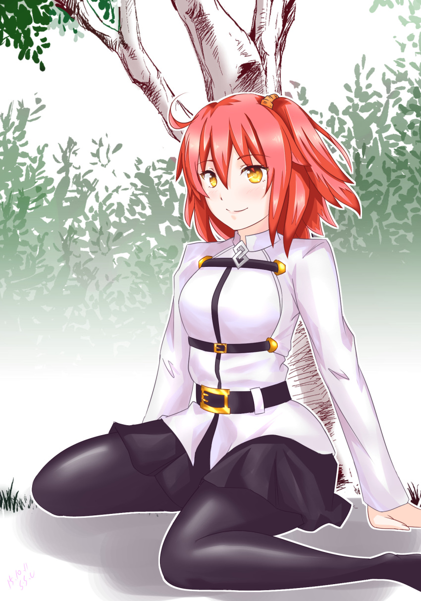 1girl ahoge arm_support blush breasts fate/grand_order fate_(series) female_protagonist_(fate/grand_order) highres large_breasts leaf pantyhose redhead serkior sitting solo tree wariza yellow_eyes