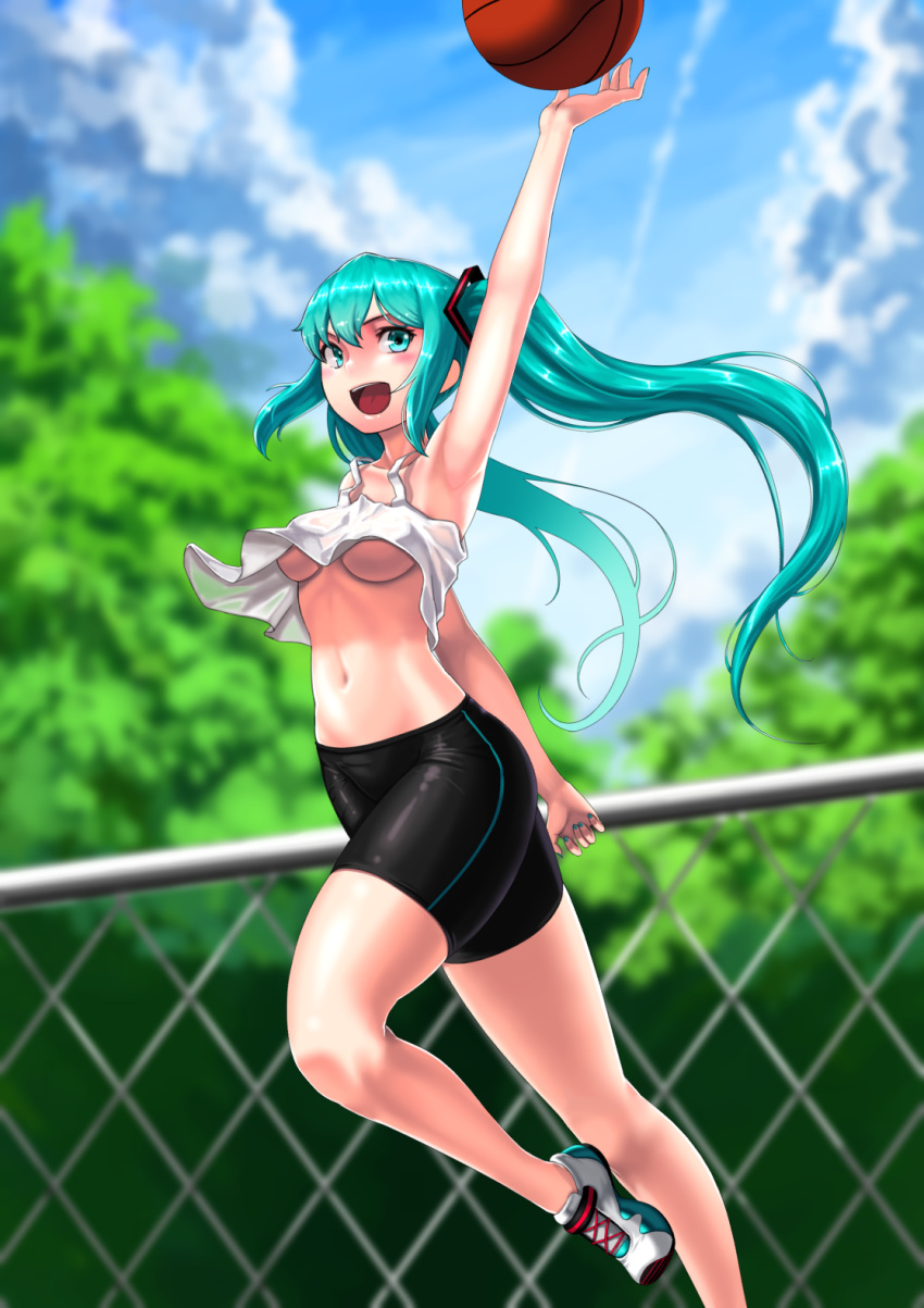 1girl :d aqua_eyes aqua_hair arm_up basketball bike_shorts blush breasts cloel hatsune_miku highres jumping large_breasts long_hair looking_at_viewer navel no_bra open_mouth shoes smile sneakers solo tank_top twintails under_boob very_long_hair vocaloid