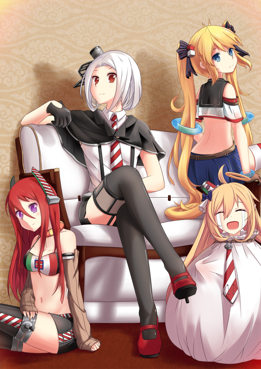 4girls :d andrea_doria_(zhan_jian_shao_nyu) aviere_(zhan_jian_shao_nyu) bag black_gloves black_legwear black_skirt blonde_hair blue_eyes body_writing brown_gloves bustier camicia_nera_(zhan_jian_shao_nyu) capelet collar couch detached_sleeves dice garter_straps gloves hair_between_eyes hair_ribbon halo headgear highres italian_flag legs_crossed long_hair looking_at_viewer looking_back lux_(pixiv4480548) midriff miniskirt multiple_girls necktie open_mouth red_eyes redhead ribbon sailor_collar short_hair sitting skirt sleeves_past_wrists smile striped striped_necktie suspenders tears thigh-highs very_long_hair violet_eyes vittorio_veneto_(zhan_jian_shao_nyu) white_hair zhan_jian_shao_nyu