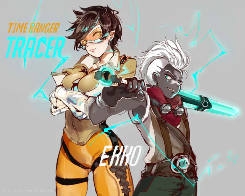 1boy 1girl blizzard_(company) blue_eyes breasts brown_hair character_name crossed_arms crossover dark_skin dark_skinned_male ekko_(league_of_legends) goggles goggles_around_neck height_difference jacket league_of_legends mohawk overwatch power_connection riot_games rmm short_hair tracer_(overwatch) white_hair