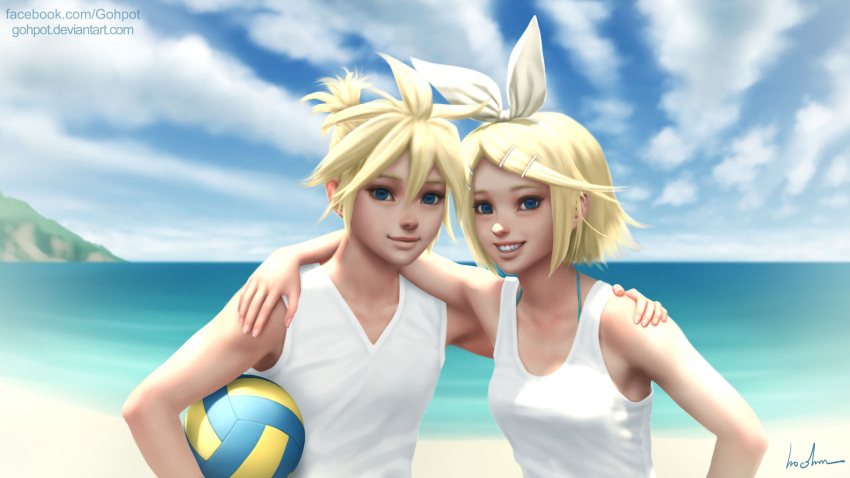 1boy 1girl arm_around_neck arm_around_waist bikini bikini_under_clothes blonde_hair blue_sky brother_and_sister clouds gohpot grin hair_ornament hair_ribbon hairclip hand_on_another's_shoulder highres kagamine_len kagamine_rin ocean ponytail ribbon shirtless siblings signature sky smile sunlight swimsuit swimsuit_under_clothes tank_top twins v-neck vocaloid volleyball watermark web_address