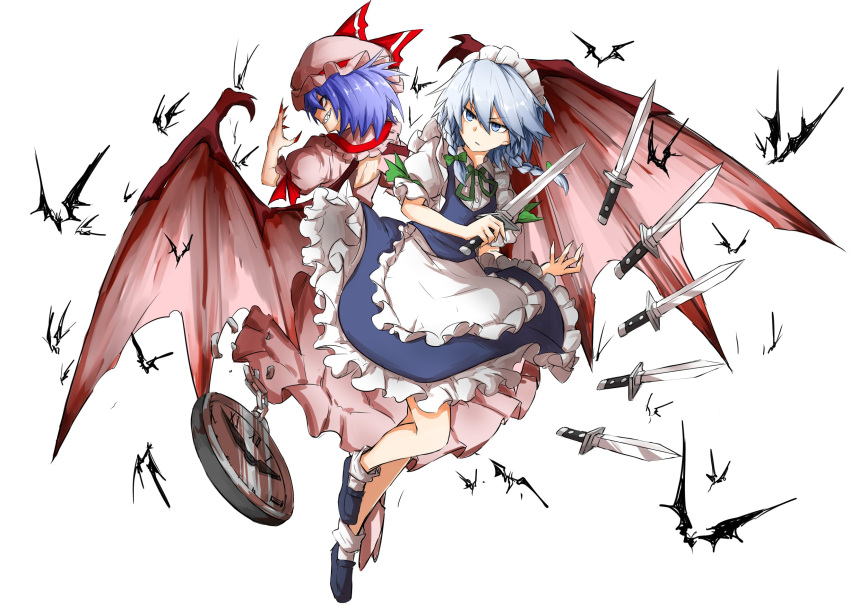 2girls apron ascot back-to-back bat bat_wings blue_eyes bow braid broken broken_chain chains clock expressionless fingernails full_body grin hair_bow hat hat_ribbon highres holding holding_weapon izayoi_sakuya kan_(aaaaari35) knife long_fingernails loose_socks maid maid_apron maid_headdress mob_cap multiple_girls nail_polish puffy_short_sleeves puffy_sleeves purple_hair red_eyes remilia_scarlet ribbon short_hair short_sleeves silver_hair simple_background smile socks touhou twin_braids waist_apron weapon white_background wings