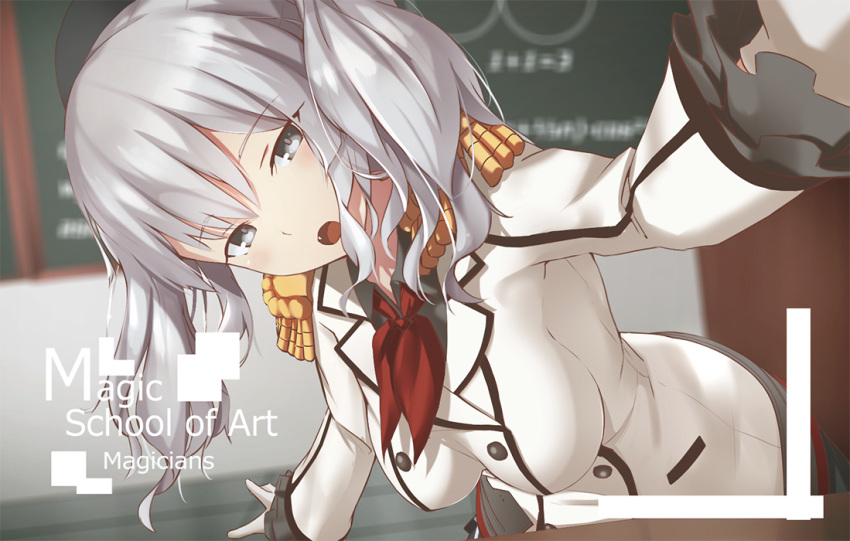 1girl beret blue_eyes breasts epaulettes fang frilled_sleeves frills hanging_breasts hat head_tilt kantai_collection kashima_(kantai_collection) leaning_forward looking_at_viewer magicians_(zhkahogigzkh) military military_uniform open_mouth silver_hair solo tsurime twintails uniform upper_body wavy_hair
