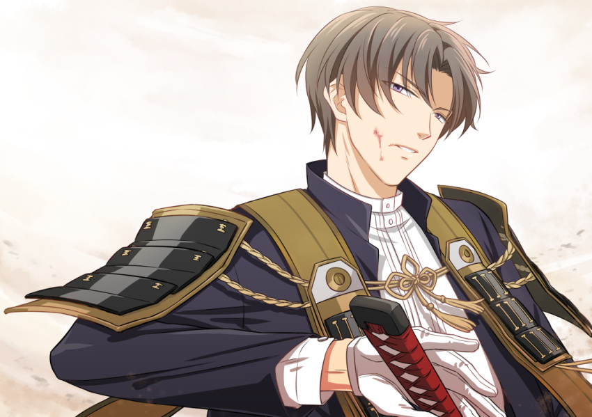 1boy armor blood blood_on_face brown_hair gloves heshikiri_hasebe japanese_armor katana male_focus parted_lips personification rainsp ready_to_draw sode solo sword touken_ranbu upper_body violet_eyes weapon white_gloves