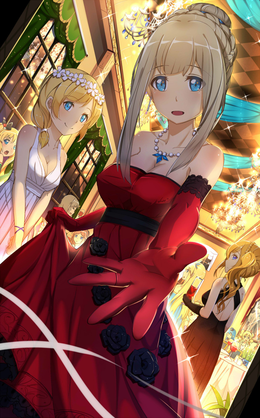 6+girls albacore_(zhan_jian_shao_nyu) alternate_costume alternate_hairstyle andrea_doria_(zhan_jian_shao_nyu) bare_shoulders bismarck_(zhan_jian_shao_nyu) black_dress black_rose blonde_hair blue_eyes braid breasts chandelier character_request cleavage crown_braid cup dress drink drinking_glass dutch_angle earrings elbow_gloves flower foreshortening gloves glowworm_(zhan_jian_shao_nyu) gown hair_up hands_together highres javelin_(zhan_jian_shao_nyu) jewelry lexington_(zhan_jian_shao_nyu) long_hair looking_at_viewer looking_back lu" medium_breasts multiple_girls necklace open_mouth outstretched_arm quincy_(zhan_jian_shao_nyu) red_dress red_gloves richelieu_(zhan_jian_shao_nyu) rodney_(zhan_jian_shao_nyu) rose saratoga_(zhan_jian_shao_nyu) side_ponytail sidelocks smile solo_focus sparkle strapless strapless_dress table thatcher_(zhan_jian_shao_nyu) tirpitz_(zhan_jian_shao_nyu) twintails v_arms white_dress wine_glass wreath zhan_jian_shao_nyu