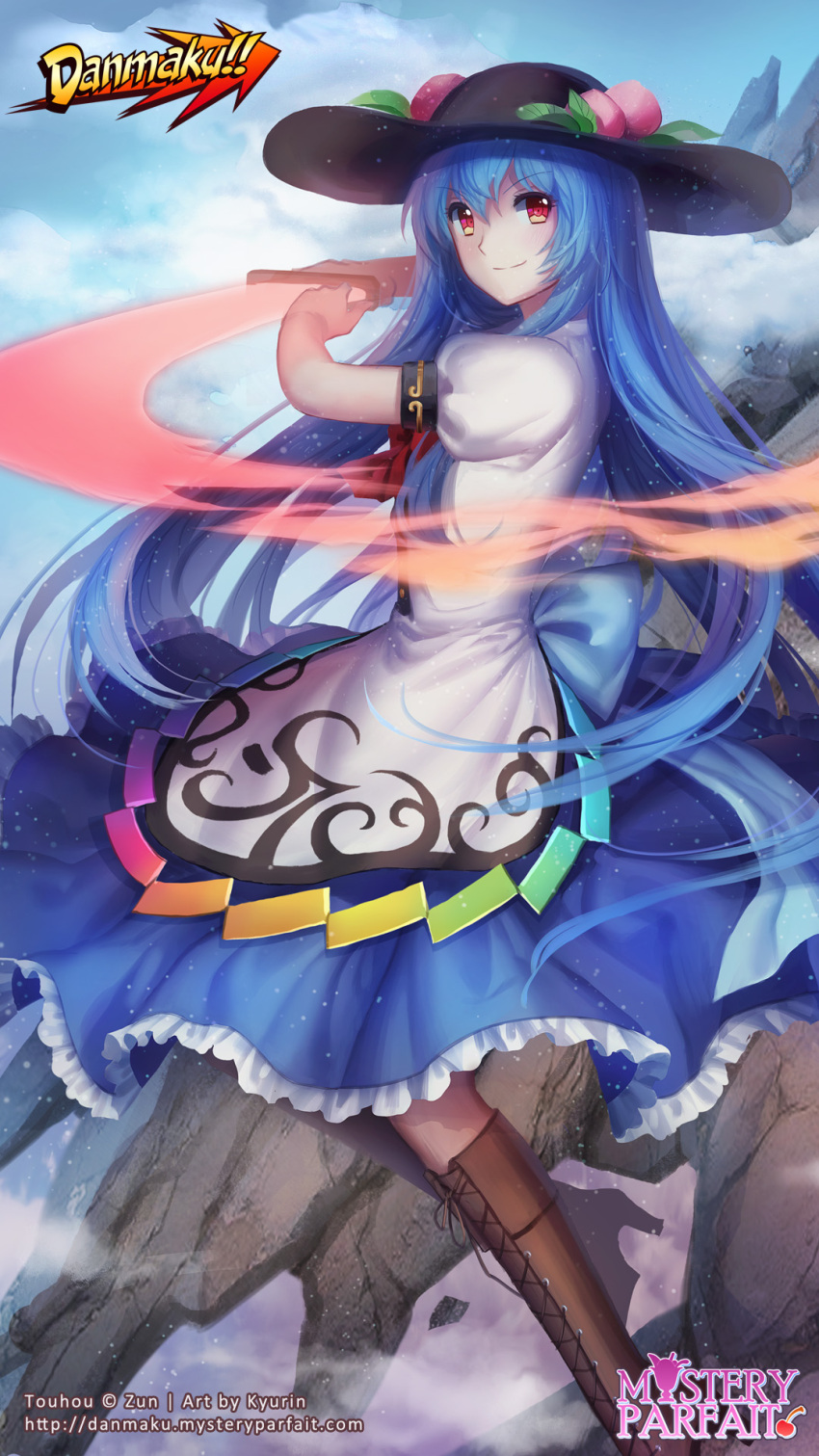 1girl artist_name blue_hair boots clouds copyright_name cross-laced_footwear danmaku!! dress food fruit hat highres hinanawi_tenshi kyurin_(sunnydelight) lace-up_boots layered_dress long_hair looking_at_viewer peach puffy_sleeves red_eyes short_sleeves sitting sky smile solo sword_of_hisou text touhou watermark web_address