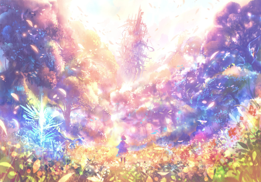 1girl ahoge capelet colorful dress fantasy fisheye flower forest grass leaf light light_particles looking_afar nature original petals sakimori_(hououbds) scenery short_hair silhouette solo texture tower tree
