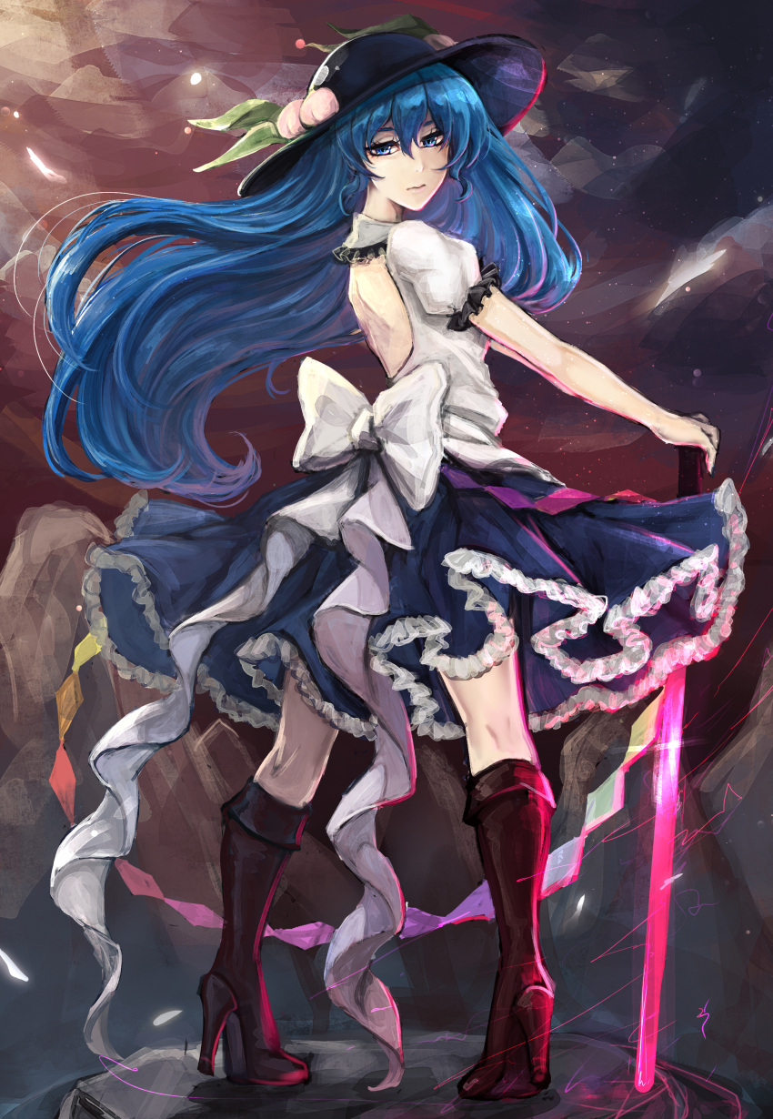1girl absurdres back_cutout blue_eyes blue_hair boots dress expressionless food from_behind fruit full_body hat high_heels highres hinanawi_tenshi kyogoku-uru long_hair looking_at_viewer looking_back peach puffy_sleeves ribbon short_sleeves solo sword_of_hisou touhou