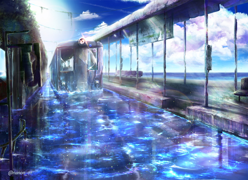 broken_window chair clouds ground_vehicle lens_flare light_particles nanon_01 no_humans ocean original overgrown partially_immersed plant post-apocalypse ruins scenery sign sky sunlight train train_station twitter_username vines water