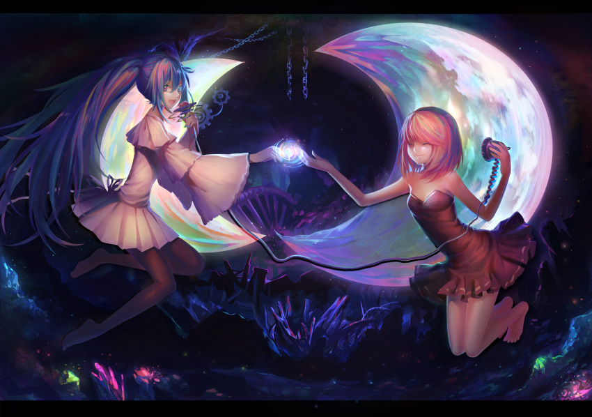 2girls alternate_costume barefoot blonde_hair blue_eyes blue_hair chains crescent_moon crystal dress feet female frame gem glowing hatsune_miku highres jumping kagamine_rin long_hair microphone moon multiple_girls night night_sky no_shoes one_eye_closed pantyhose short_hair sky smile string twintails vocaloid wink wire yandywu